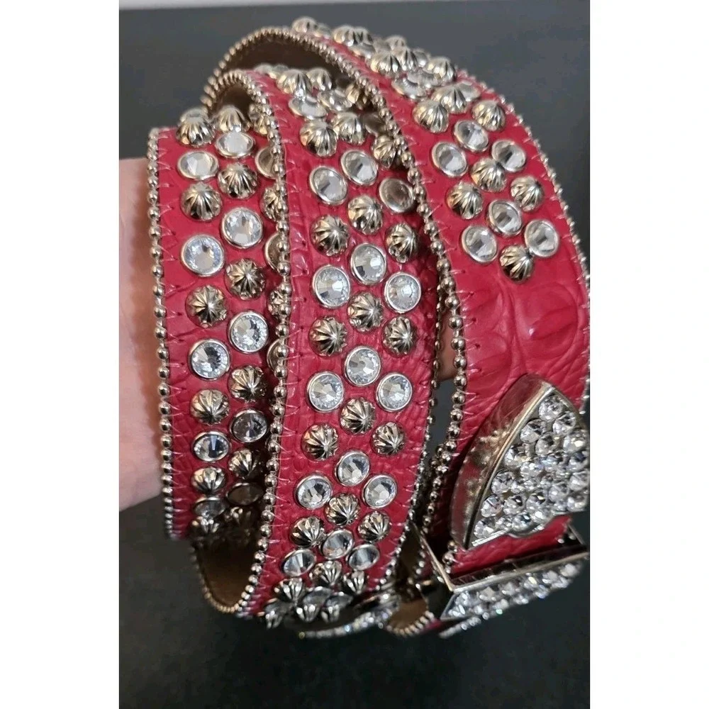 NEW B.B SIMON 2617 RED BELT W/ ALL SILVER CRYSTALS AND‎ PARACHUTE STUDS RODEO 46